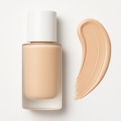 Liquid foundation in a glass bottle with a smear on a white background