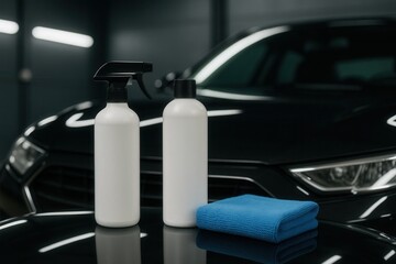 Fototapeta premium Car cleaning products resting on hood of shiny black car