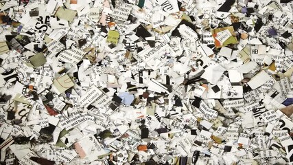 The word opinion being covered with cut-up newspaper zoomed in - Powered by Adobe