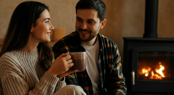 Young caucasian couple relaxing by fireplace, enjoying hot drinks and cozy atmosphere