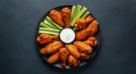 Buffalo chicken wings with celery and ranch dip on black plate