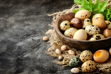 Obraz premium Rustic Bowl of Quail Eggs with Burlap and Herbs