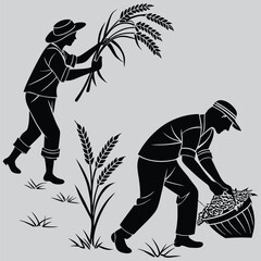Farmers harvesting crops image silhouette vector art and illustration