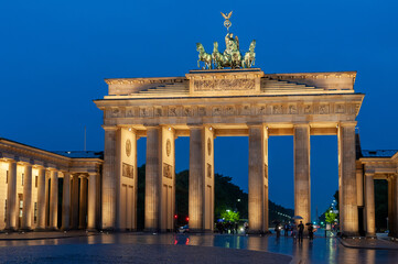 The illuminated Brandenburg Gate in Berlin at night, Germany.