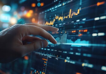 Hand interacts with digital screen displaying financial data charts and graphs.