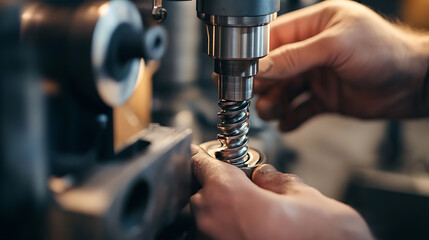 Offshore worker securing a drill bit to the drilling machine on a rig. Featuring drill bit securing