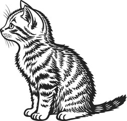 Hand-Drawn Illustration of a Cute Sitting Striped Cat in Profile View