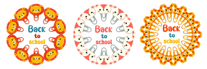 Back to school frame with erasers, paper clips with faces, Flat vector illustration isolated on white background. Ideal for school themed designs, posters, educational materials and children's project