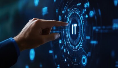 Hand touches a digital screen displaying IT information technology concept in blue tones.