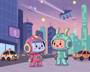 Cute Cartoon Aliens Exploring a Futuristic City at Night  