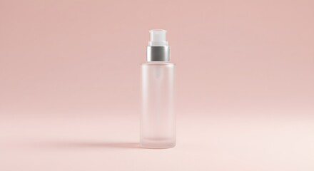 Elegant skincare serum bottle mockup standing against a soft pink backdrop, capturing simple beauty.