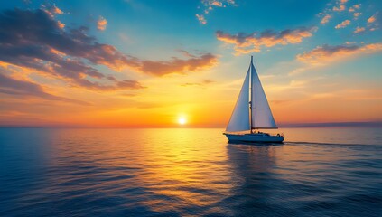 Sailboat sailing on calm water at sunset, with its reflection visible, creating a serene and picturesque seascape against a colorful sky