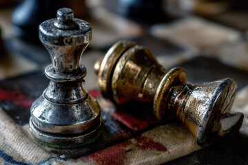 Silver king standing while golden king is down on chessboard representing trade war and tariffs