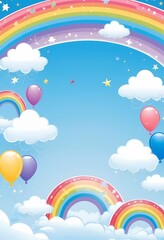 Cartoon Rainbow Birthday Background with Balloons and Space for Text – Greeting Card Template