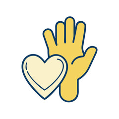 Obraz premium Raised yellow hand with heart icon in flat style