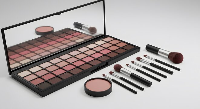 A makeup palette with various shades of colors and makeup brushes on a white background, minimal design.
