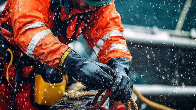 Offshore worker securing safety equipment during a storm on the oil rig. Featuring safety equipment securing