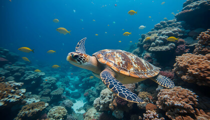 Fototapeta premium Hawksbill Sea Turtle in Vibrant Coral Reef
