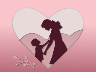 Silhouette of a mother and child showcases love and affection in a heart-shaped design.