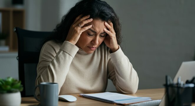 Stressed hispanic female adult at work desk with headache