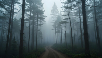 Obraz premium Misty Forest Path: Eerie Foggy Woods Scene