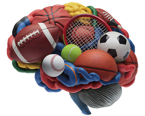 Brain model constructed from various sports balls representing the connection between the brain and athletic activity.