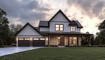 Modern Farmhouse Exterior: Serene Twilight Rendering
