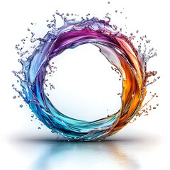Fototapeta premium Circular splash of colorful liquid ranging from blue to orange against a white backdrop creating a vibrant ring.