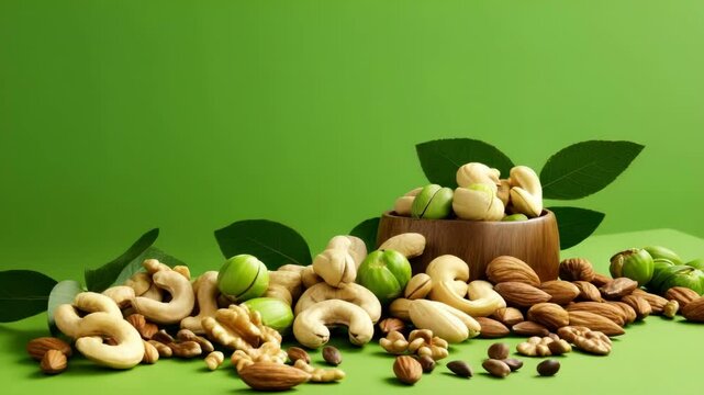 A bunch of different types of nuts in a round wooden plate on a green background. Dry pistachio, almonds, cashews, walnuts, peanuts and pine nuts.