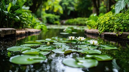 Tranquil garden water feature lush greenery serene flowing water lily pads natural beauty
