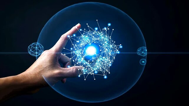 Hand holding glowing network sphere, dark background, futuristic concept
