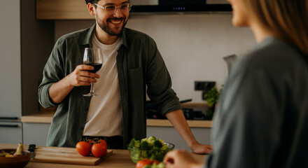 Young caucasian couple cooking and enjoying wine together in modern kitchen
