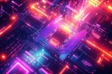 A brightly colored close up of a digital circuit board