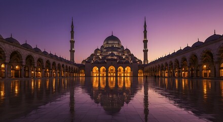 Fototapeta premium Exploring Grand Mosque Architecture at Twilight with Reflections