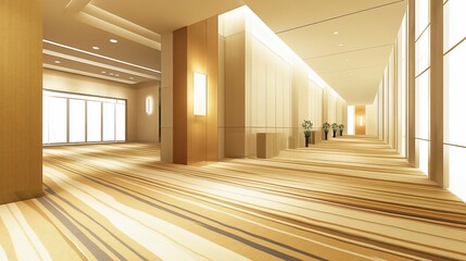 Modern, spacious convention hall interior.  Luminous, light-filled corridor