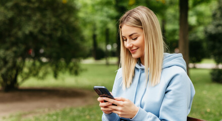 Young caucasian woman using smartphone outdoors in park on a sunny day