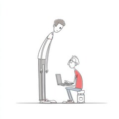 A taller figure looking over the shoulder of a person working on a laptop in a simple sketch.