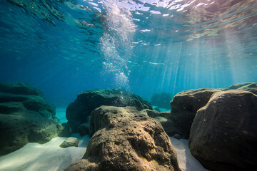 Obraz premium Sunlight streams through clear water illuminating rocks and bubbles on a sandy seabed.