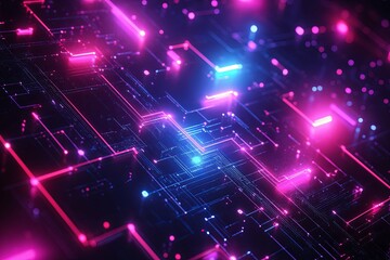 A digital circuit board with glowing lines and many connections