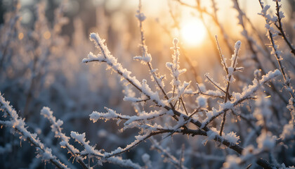 Frozen Branches at Sunrise: Winter Wonderland Background