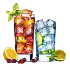 Refreshing iced drinks with vibrant fruits and ice cubes in clear glasses on a bright background, Glasses with Ice Cubes, Refreshing Drinks, Isolated on transparent background Background