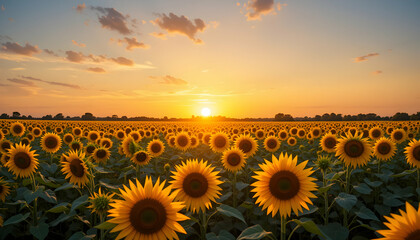 Obraz premium Stunning Sunset over a Field of Sunflowers