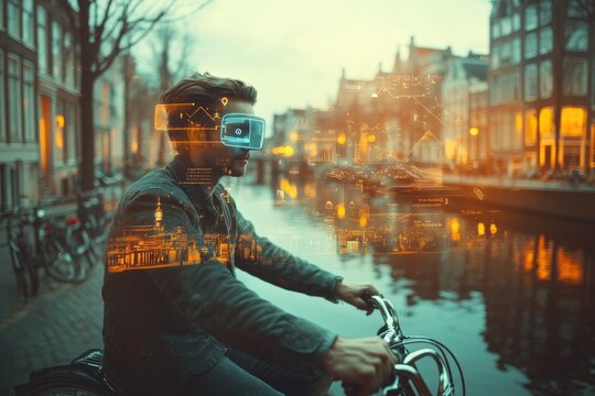 A man wearing a VR headset cycles through a city at night, augmented reality overlays showing data and cityscapes.