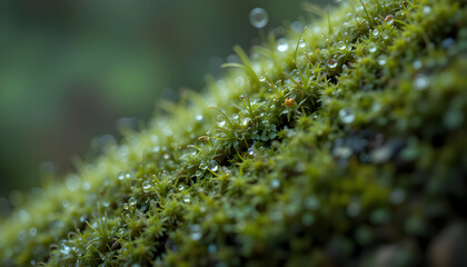Close-up of Dew-Covered Green Moss on a Branch