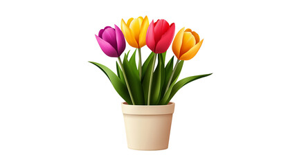 Colorful tulip flowers bloom inside a small beige pot with vibrant hues against a black backdrop.