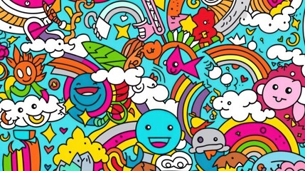 Fototapeta premium Colorful Doodle Art with Rainbows Clouds and Happy Faces Illustration
