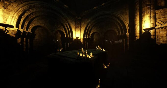 A dimly lit stone chamber features tall arches and flickering candles scattered on a large table. The warm light enhances the ancient atmosphere, evoking mystery and history.