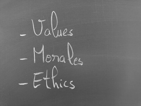 A handwritten list on a chalkboard featuring the words values, morals, and ethics, symbolizing principles and conduct.