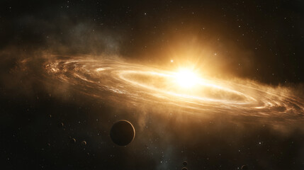 Obraz premium Galactic scene showing all planets orbiting a massive, radiant sun at the center of a luminous galaxy.