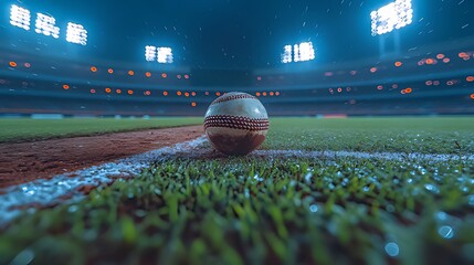 Night baseball game, stadium, close-up ball, rain, advertisement
